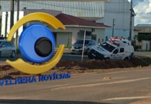 Viatura da Polícia Militar sofre incidente e fica à margem de buraco na BR-174 em Vilhena
