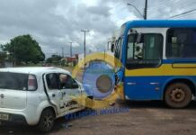 Batida entre ônibus escolar e Fiat Uno mobiliza resgate no Centro de Vilhena